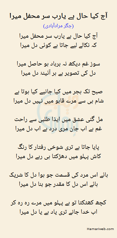 Aaj Kya Haal Hai Ya Rab Sare Mehfil Mera