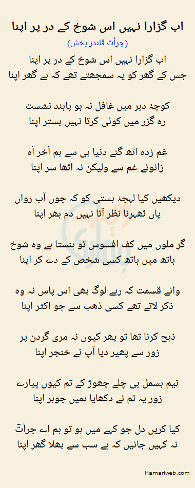 Ab Guzaraa Nahi Is Shokh Ke Dar Par Apna