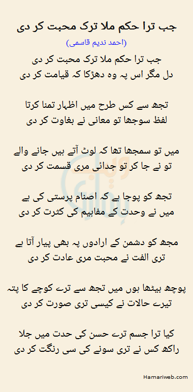 Jab Tra Hukum Mila Tark Mohabbat Kar Di