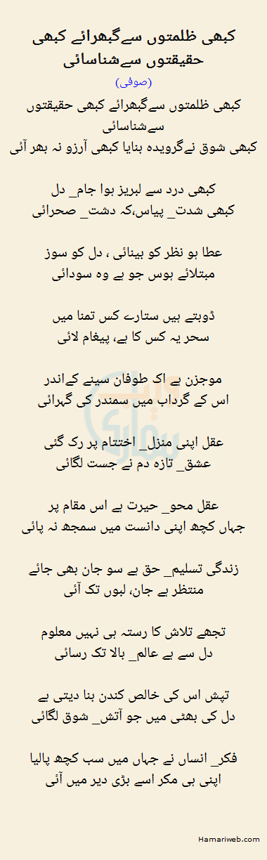 Kabhi Zulmaton Sa Ghabraye Kabhi Haqeeqat Se Shanasai