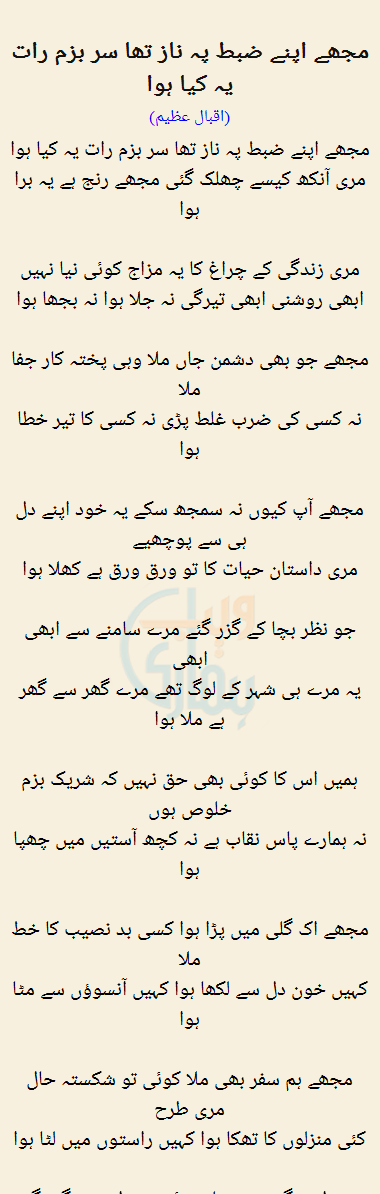 Mujhe Apne Zabt Pay Naz Tha Sir Bazm Raat Yeh Kya Huwa