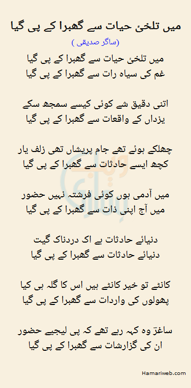 Mein Talkhi E Hayat Se Ghabra Ke Pee Gaya